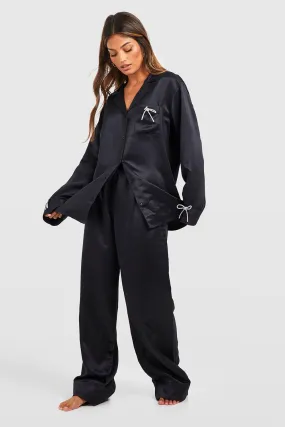 Premium Rhinestone Bow Shirt And Wide Leg Pajama Set