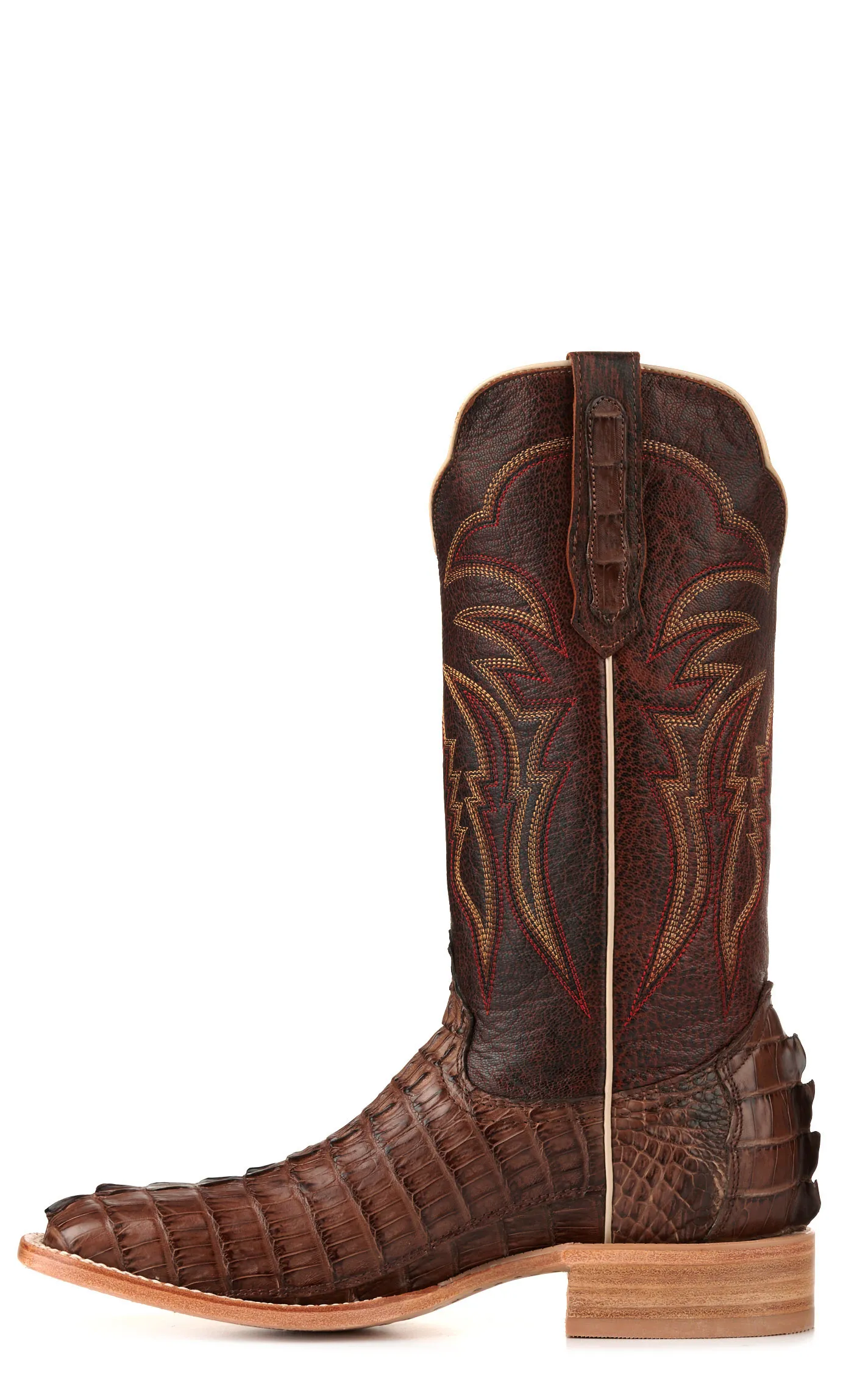 R. Watson Men's Kango Tobac Hornback Caiman Tail and Cognac Wide Square Toe Exotic Cowboy Boots