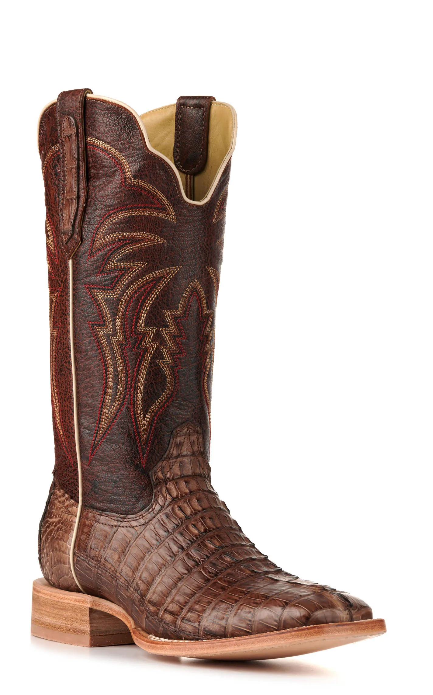 R. Watson Men's Kango Tobac Hornback Caiman Tail and Cognac Wide Square Toe Exotic Cowboy Boots