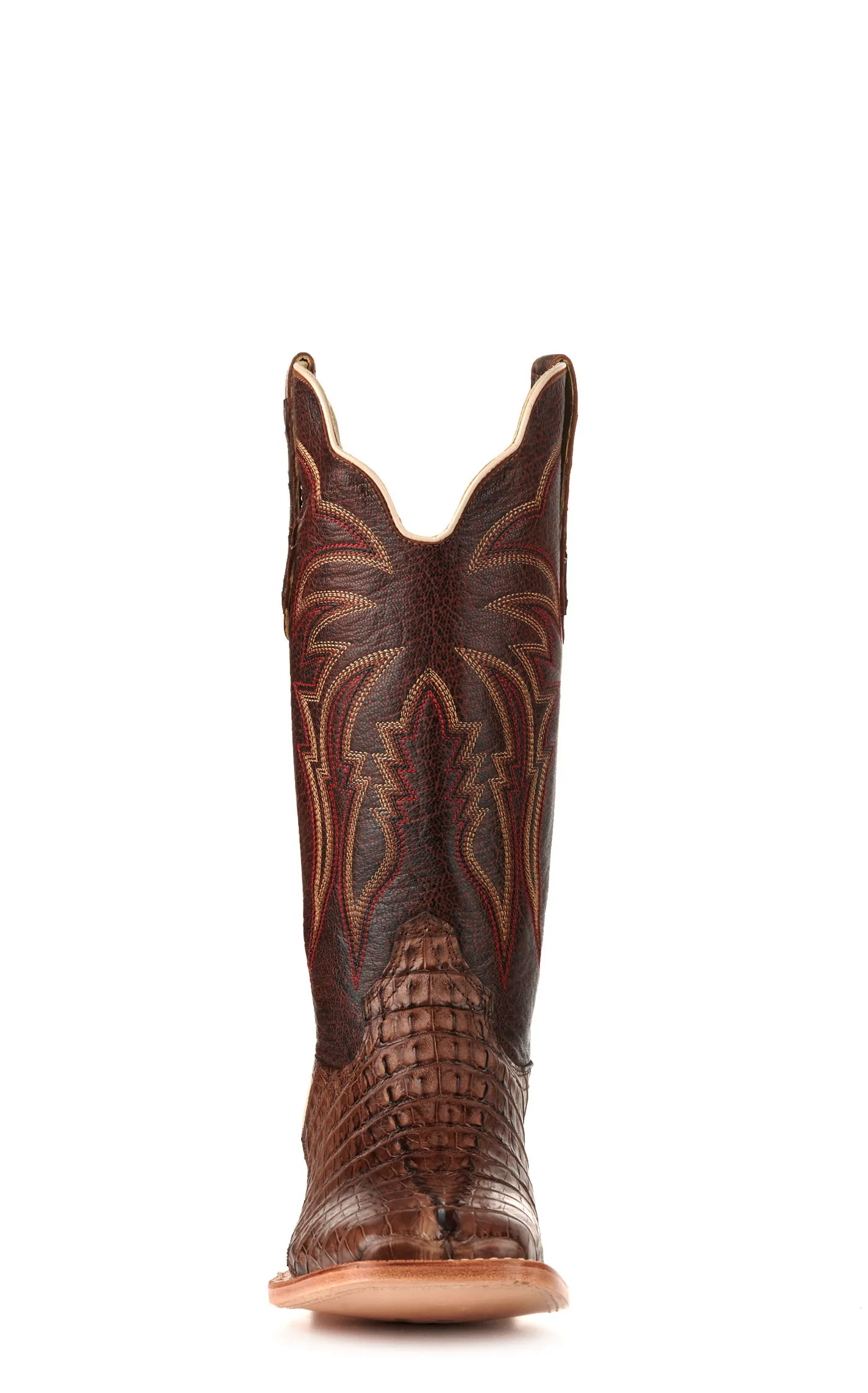 R. Watson Men's Kango Tobac Hornback Caiman Tail and Cognac Wide Square Toe Exotic Cowboy Boots