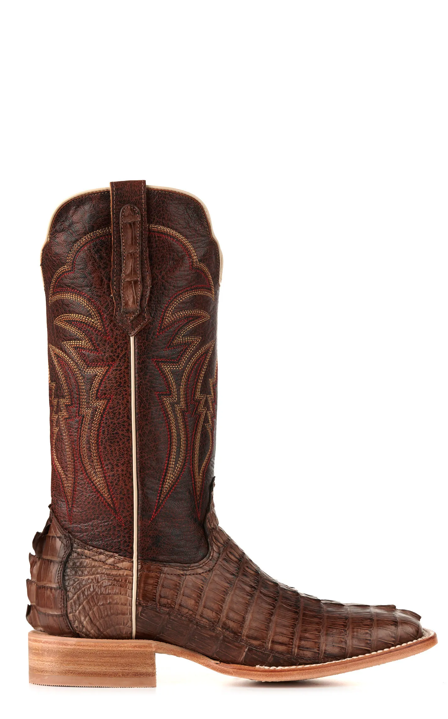 R. Watson Men's Kango Tobac Hornback Caiman Tail and Cognac Wide Square Toe Exotic Cowboy Boots