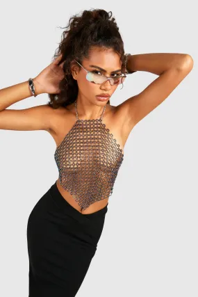 Rhinestone Flower Chainmail Top