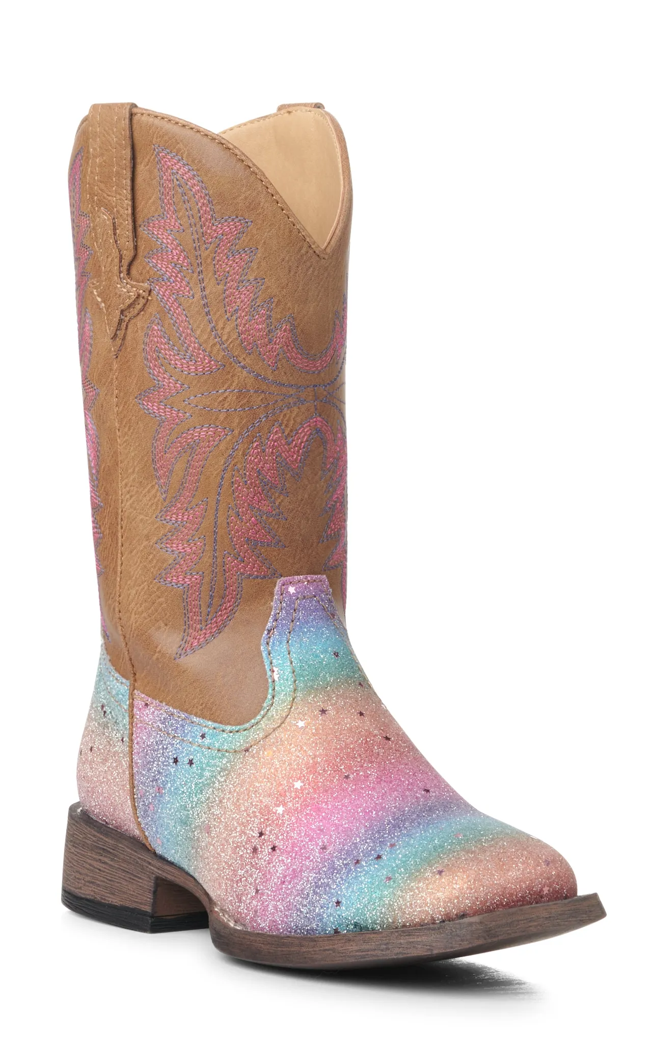 Roper Girls' Tan and Rainbow Glitter Square Toe Cowboy Boots