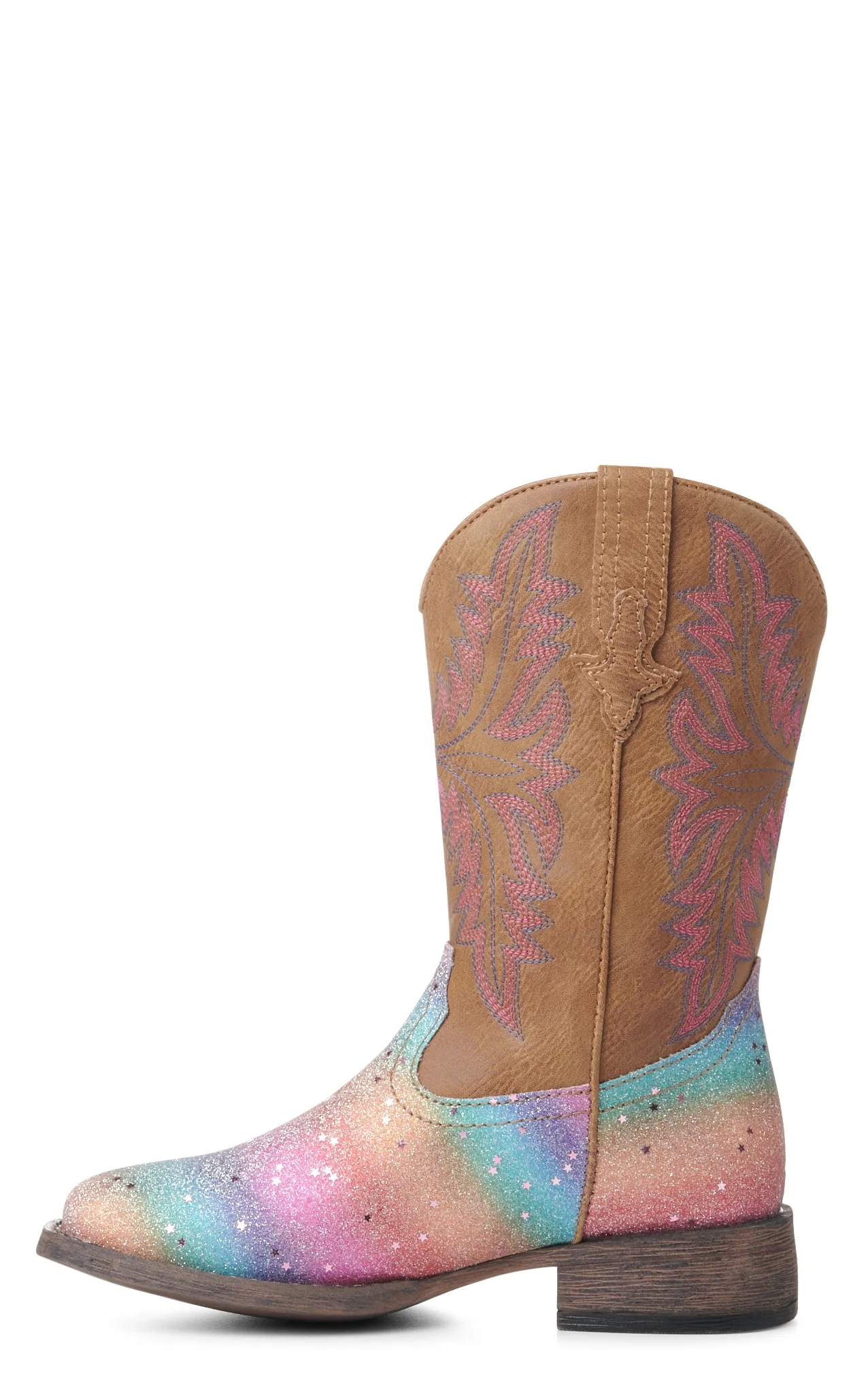 Roper Girls' Tan and Rainbow Glitter Square Toe Cowboy Boots