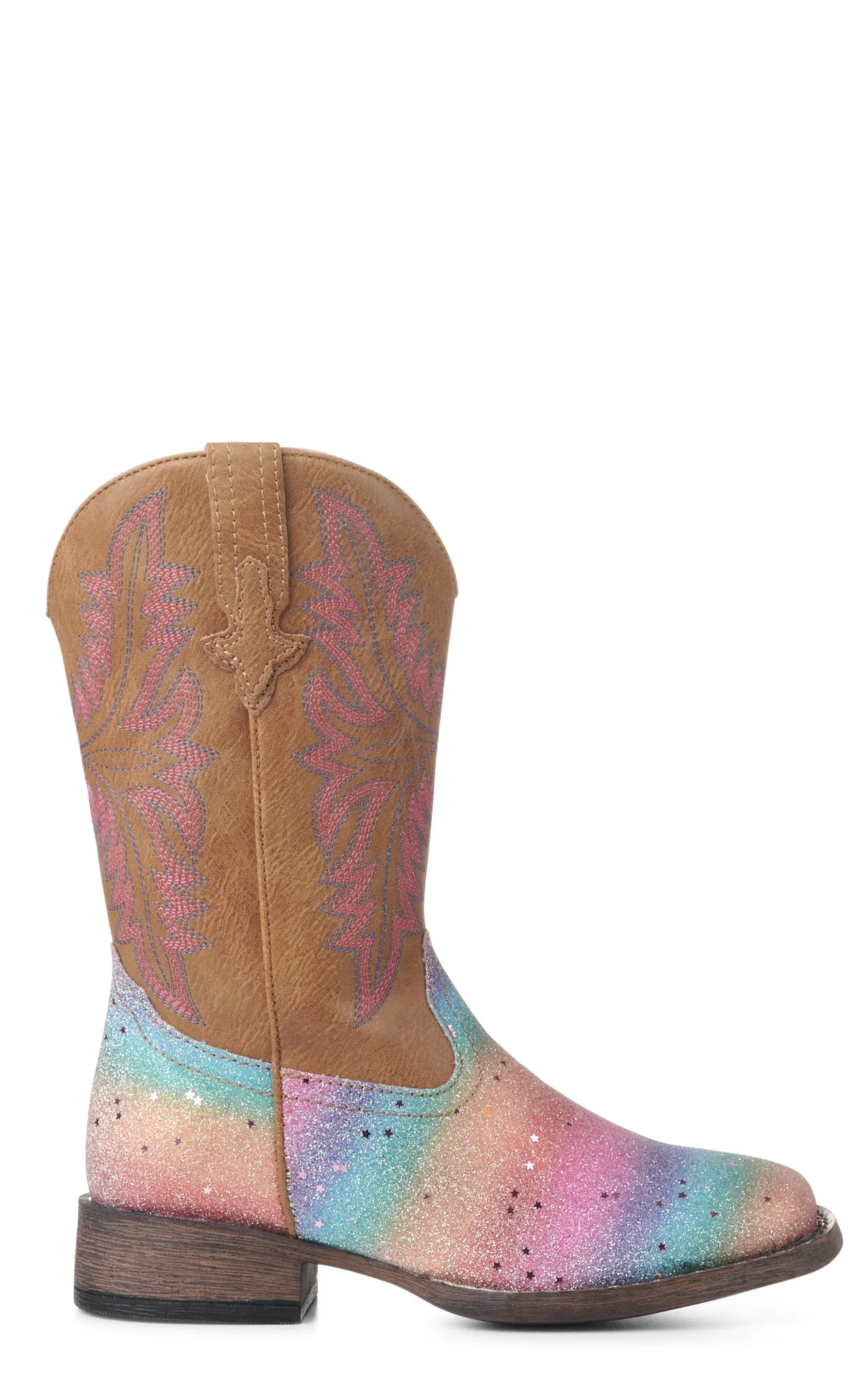 Roper Girls' Tan and Rainbow Glitter Square Toe Cowboy Boots