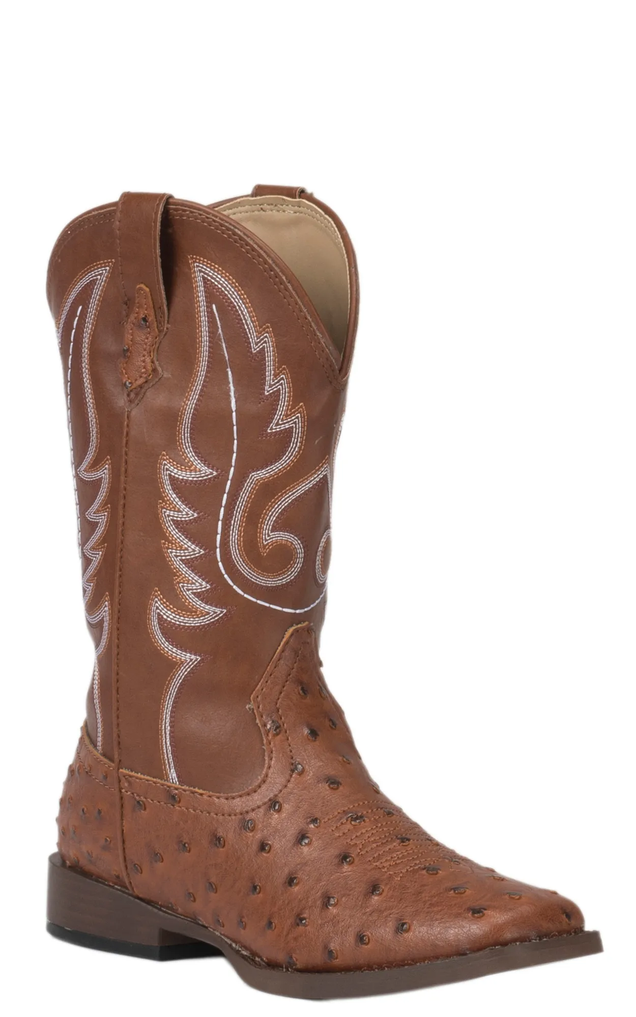 Roper Youth Brown Ostrich Print Square Toe Cowboy Boots