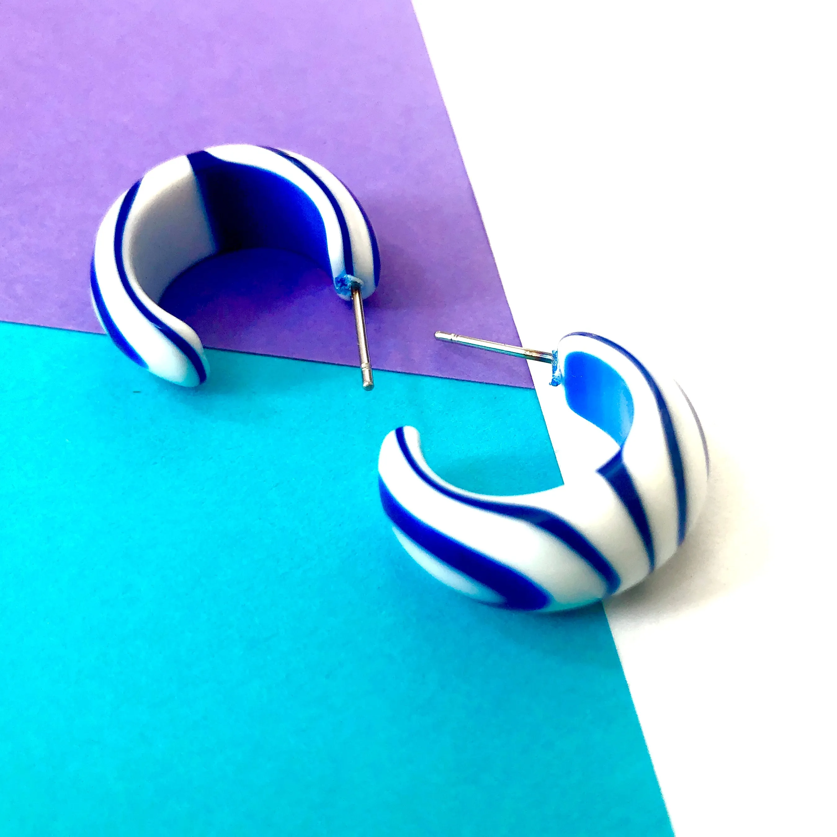 Sapphire Blue and White Stripe Bulb Agate Hoop Earrings