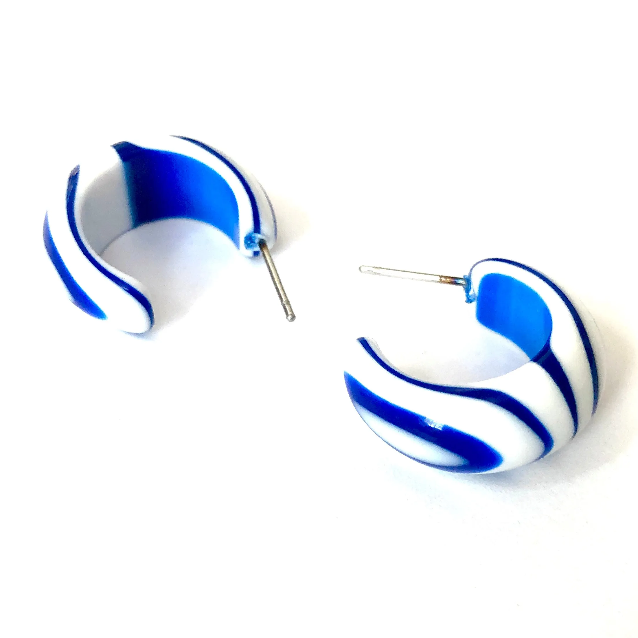 Sapphire Blue and White Stripe Bulb Agate Hoop Earrings