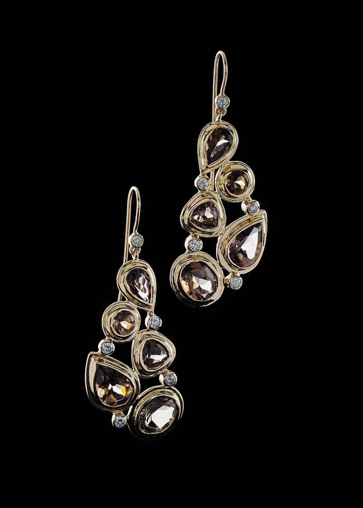 Smokey Topaz & Diamond 18K Gold Drop Earrings, Mosaic 5 Stone