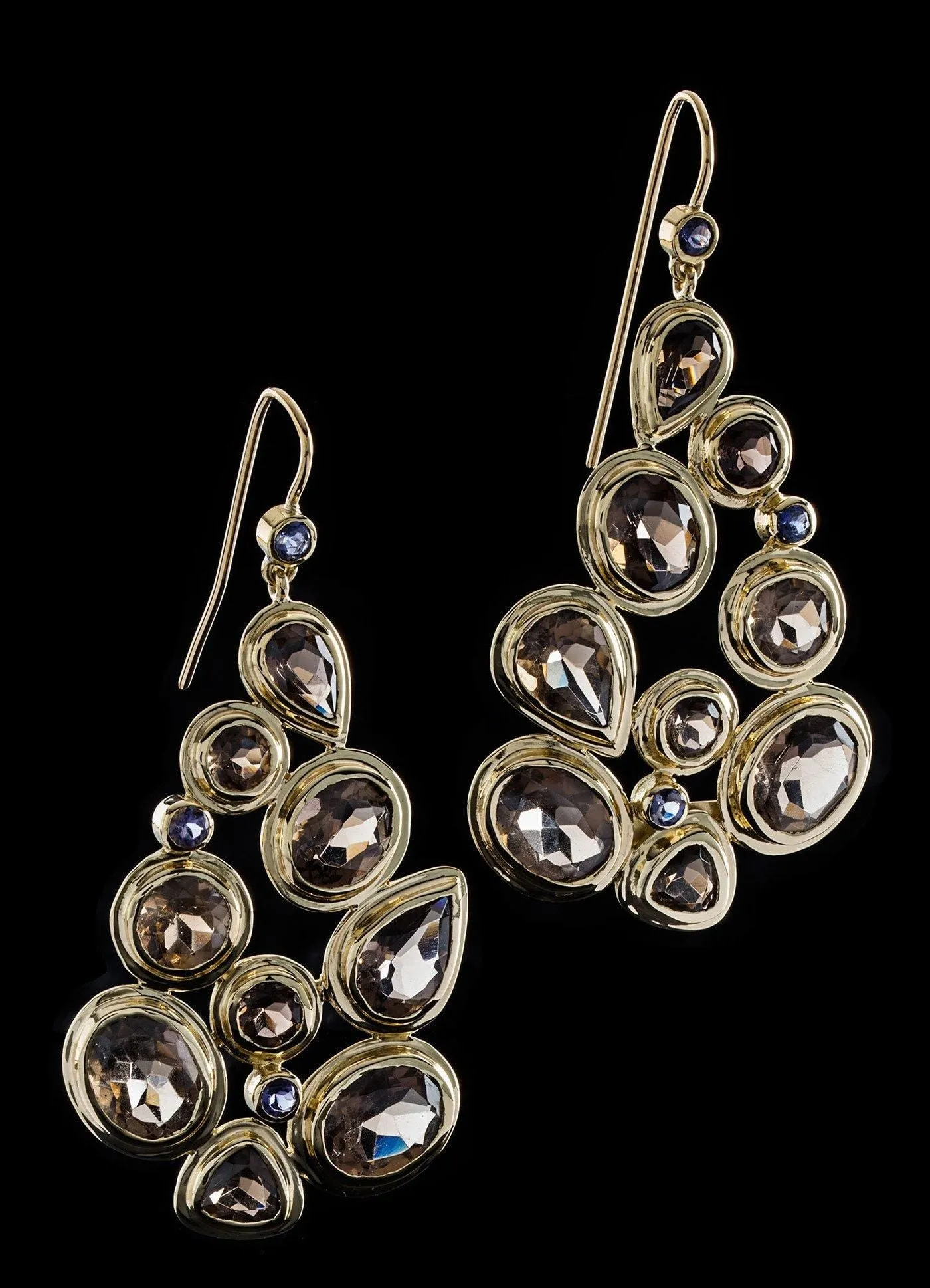 Smokey Topaz & Iolite 18K Gold Drop Earrings, Mosaic 9 Stone