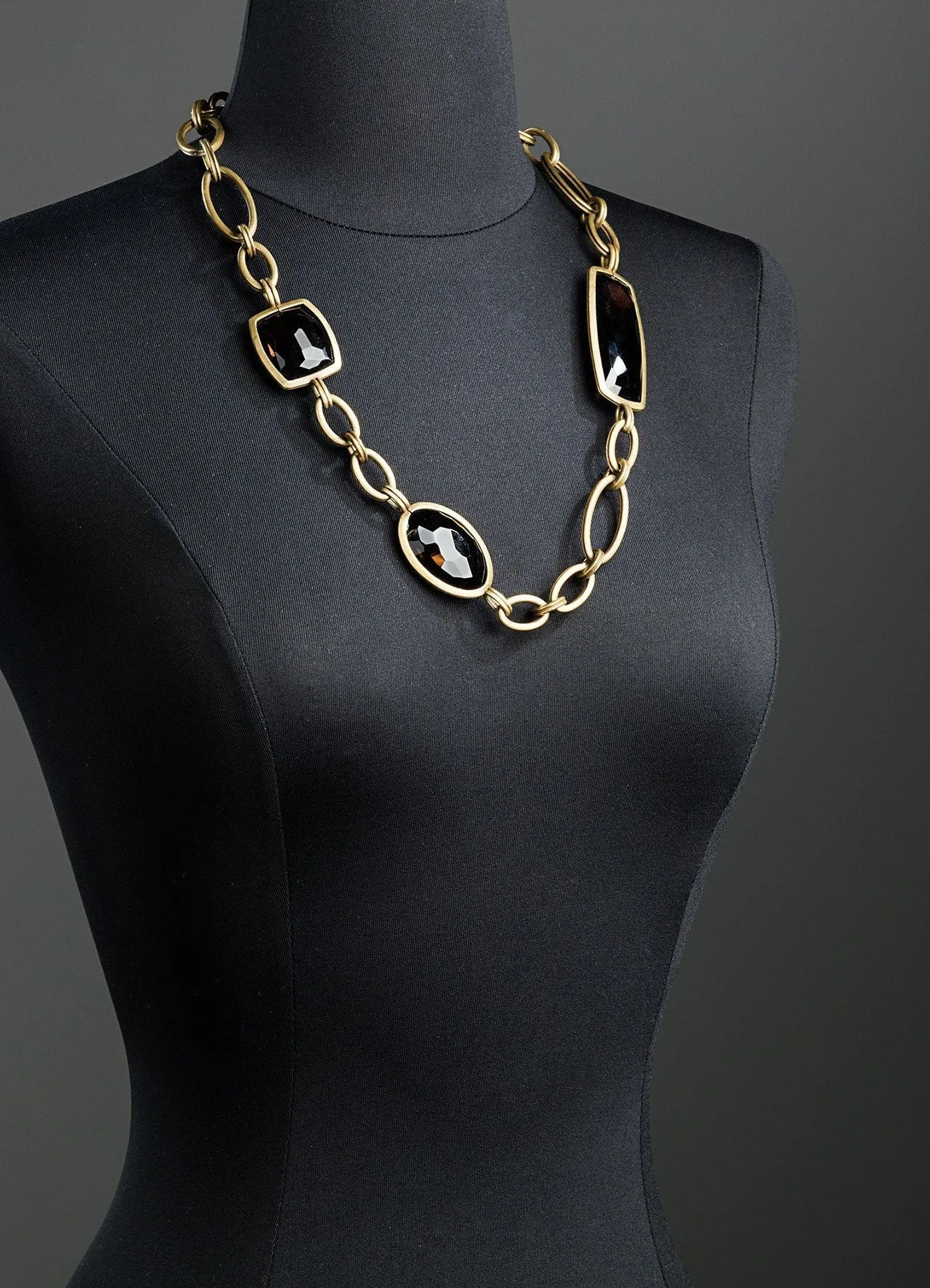 Smokey Topaz Chain Link Necklace, Antiqued Brass