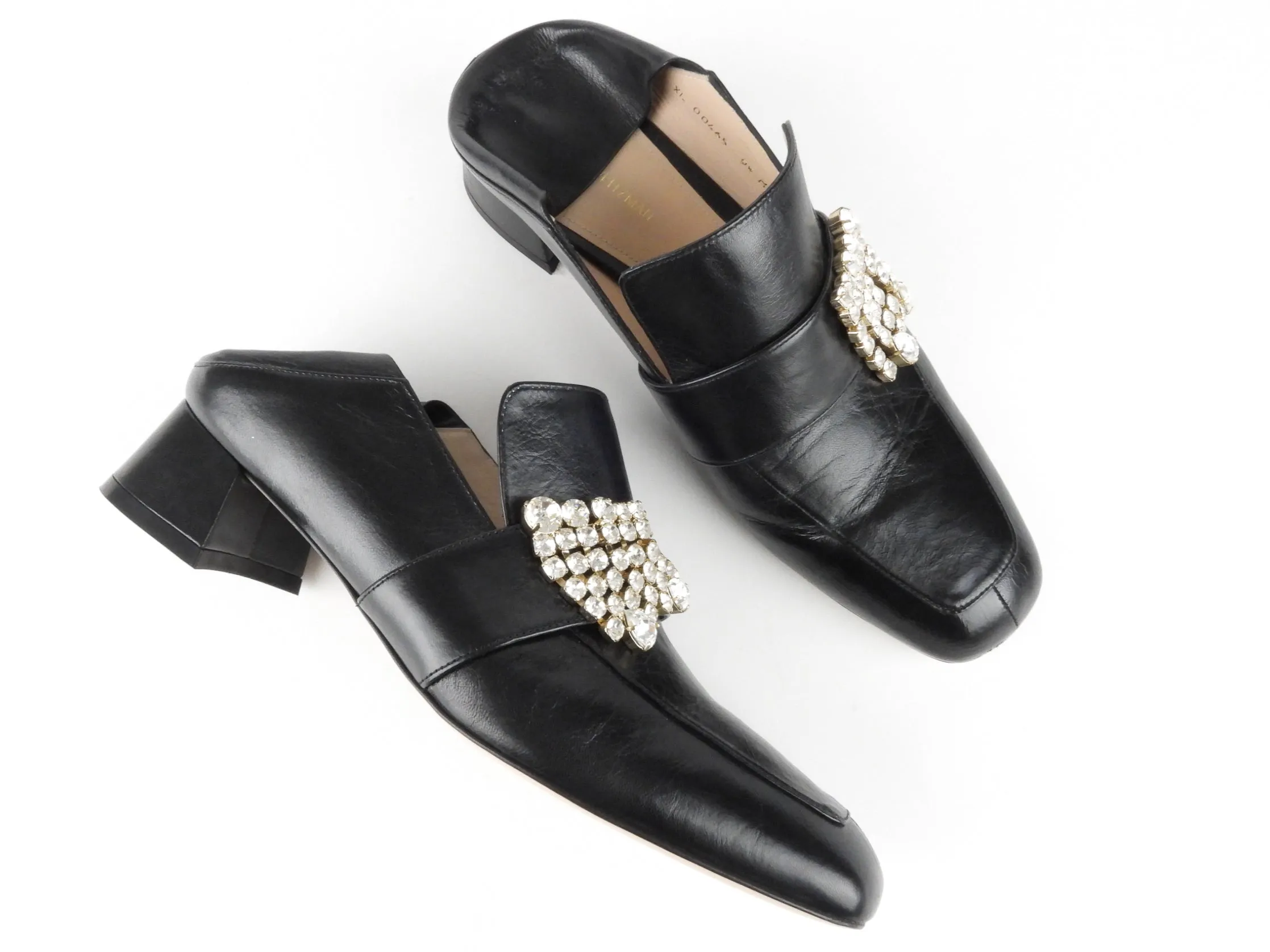 Stuart Weitzman Black Leather and Rhinestone Irises Convertible Mule Loafer - 9.5