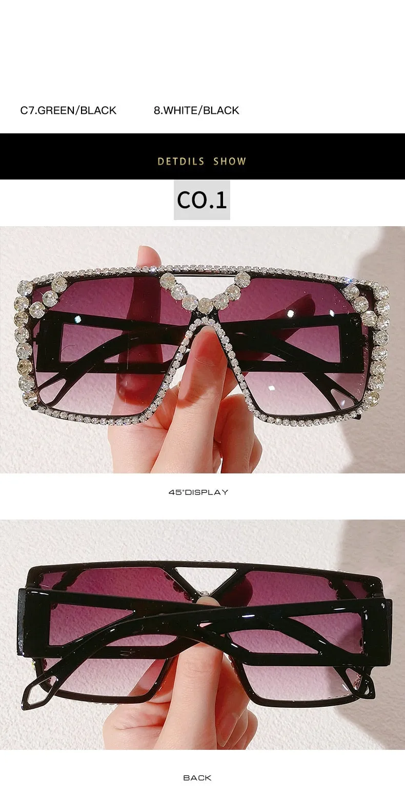 Unisex Luxury Oversized Square Diamond Rhinestone UV400 Sunglasses