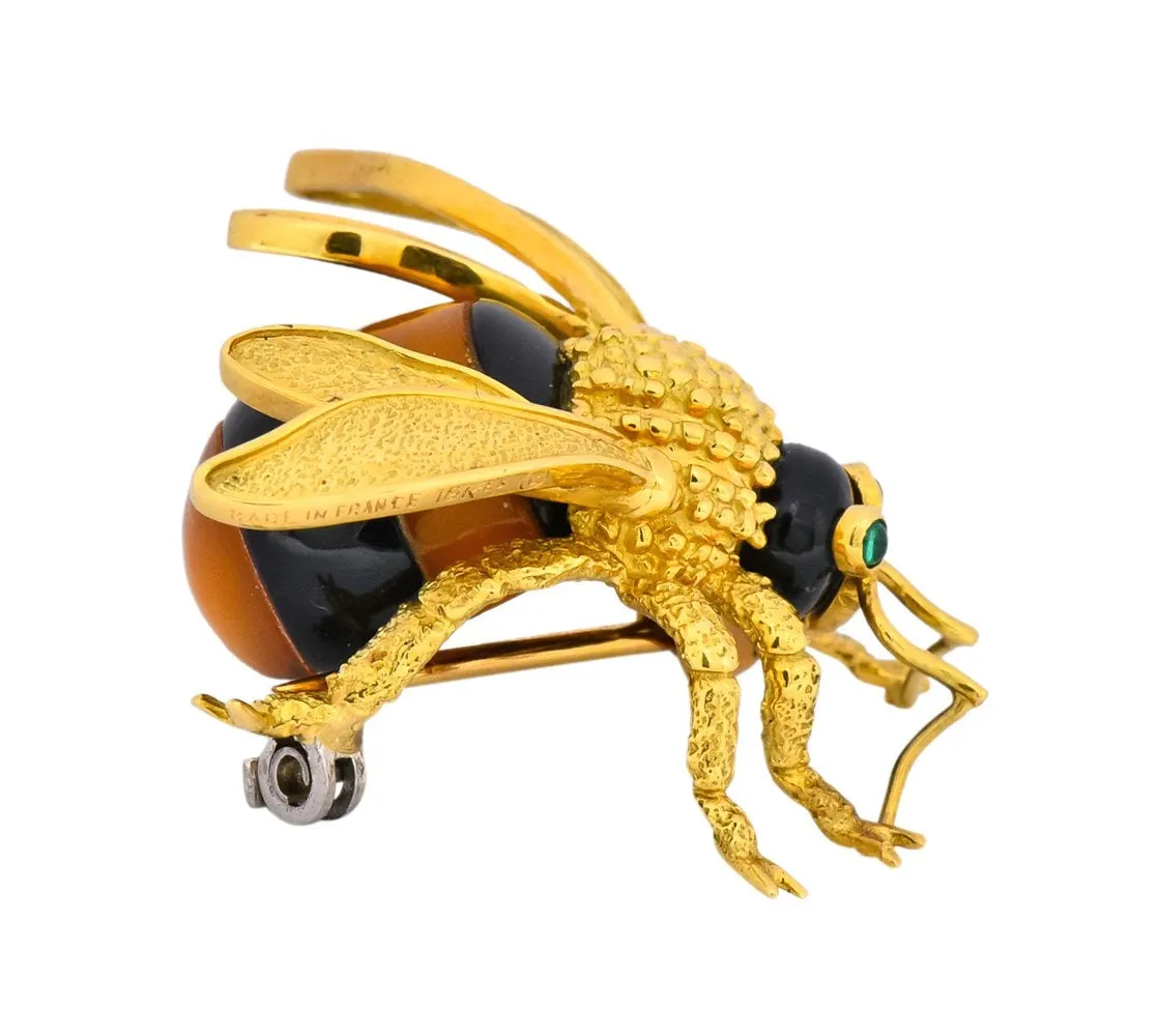 Van Cleef & Arpels French 1970's Vintage Onyx Amber Chrysoprase 18 Karat Gold Bee Bug Brooch