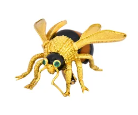 Van Cleef & Arpels French 1970's Vintage Onyx Amber Chrysoprase 18 Karat Gold Bee Bug Brooch