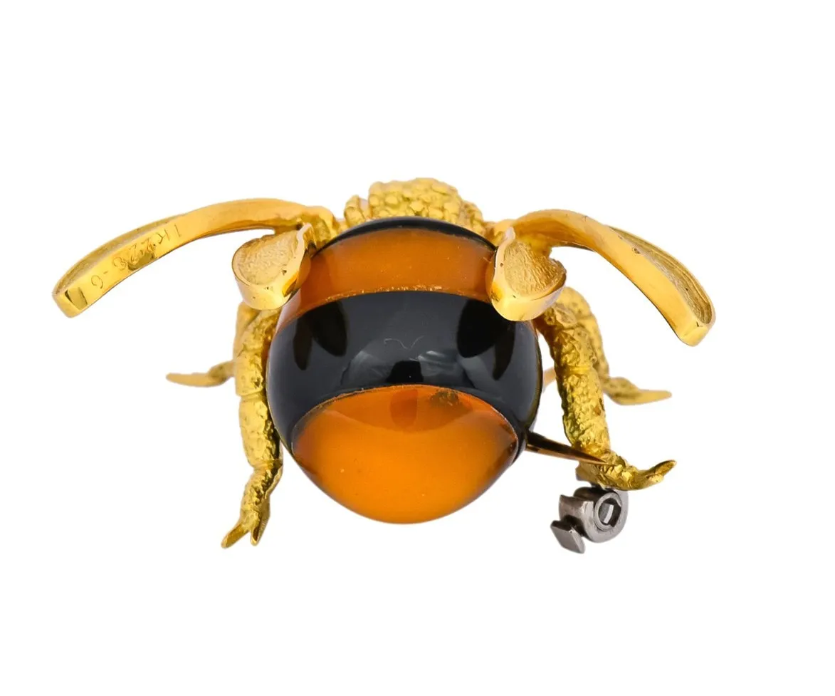 Van Cleef & Arpels French 1970's Vintage Onyx Amber Chrysoprase 18 Karat Gold Bee Bug Brooch