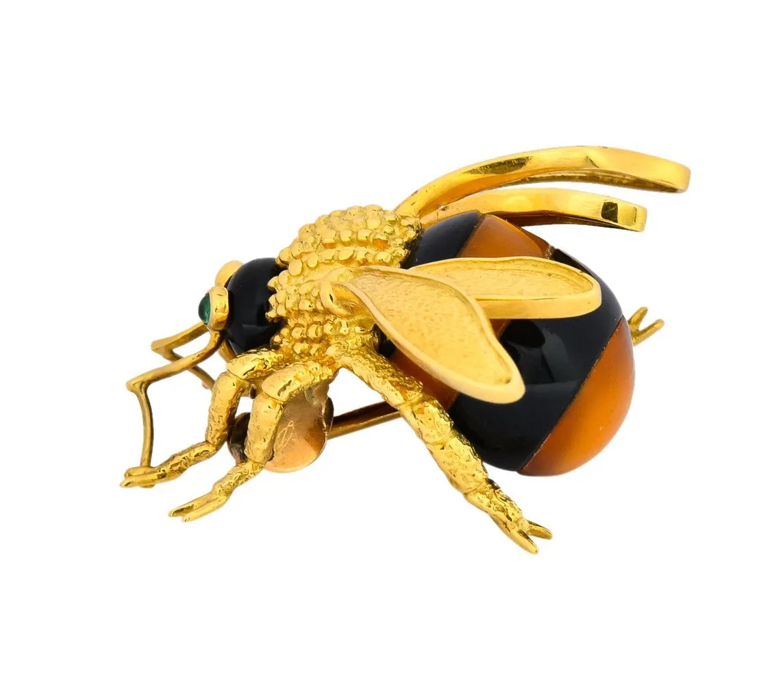 Van Cleef & Arpels French 1970's Vintage Onyx Amber Chrysoprase 18 Karat Gold Bee Bug Brooch