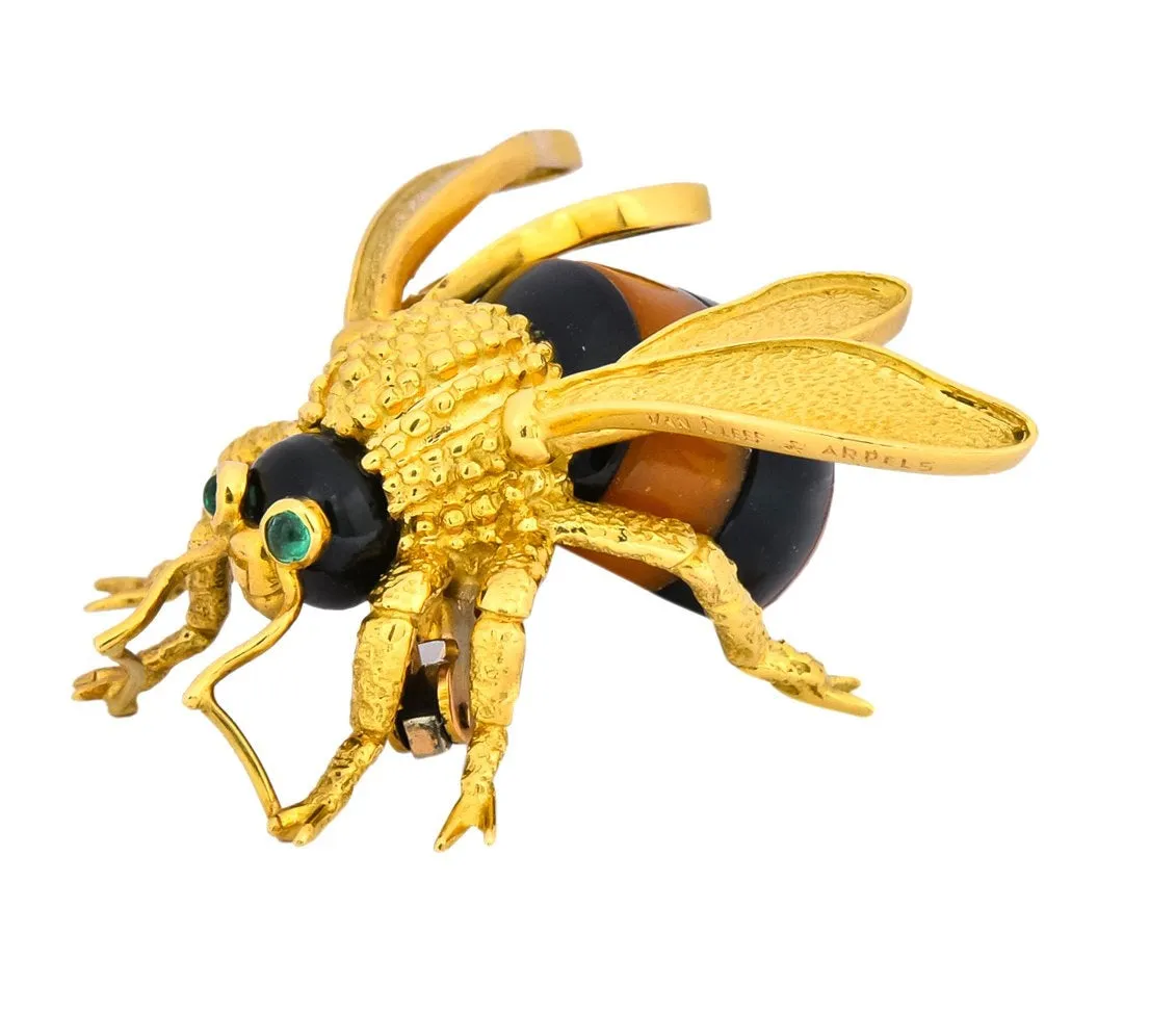 Van Cleef & Arpels French 1970's Vintage Onyx Amber Chrysoprase 18 Karat Gold Bee Bug Brooch