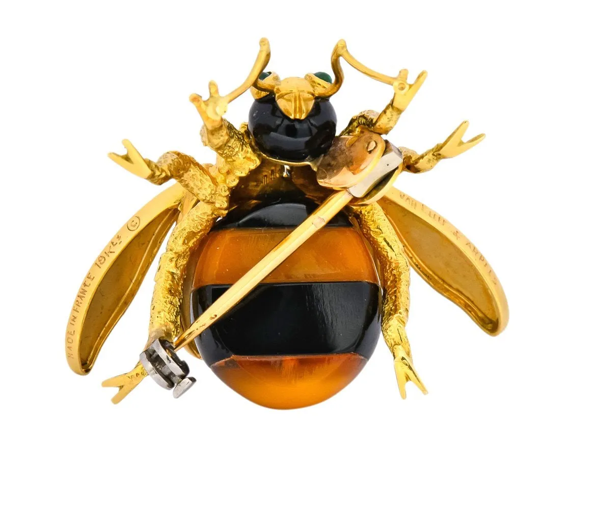 Van Cleef & Arpels French 1970's Vintage Onyx Amber Chrysoprase 18 Karat Gold Bee Bug Brooch