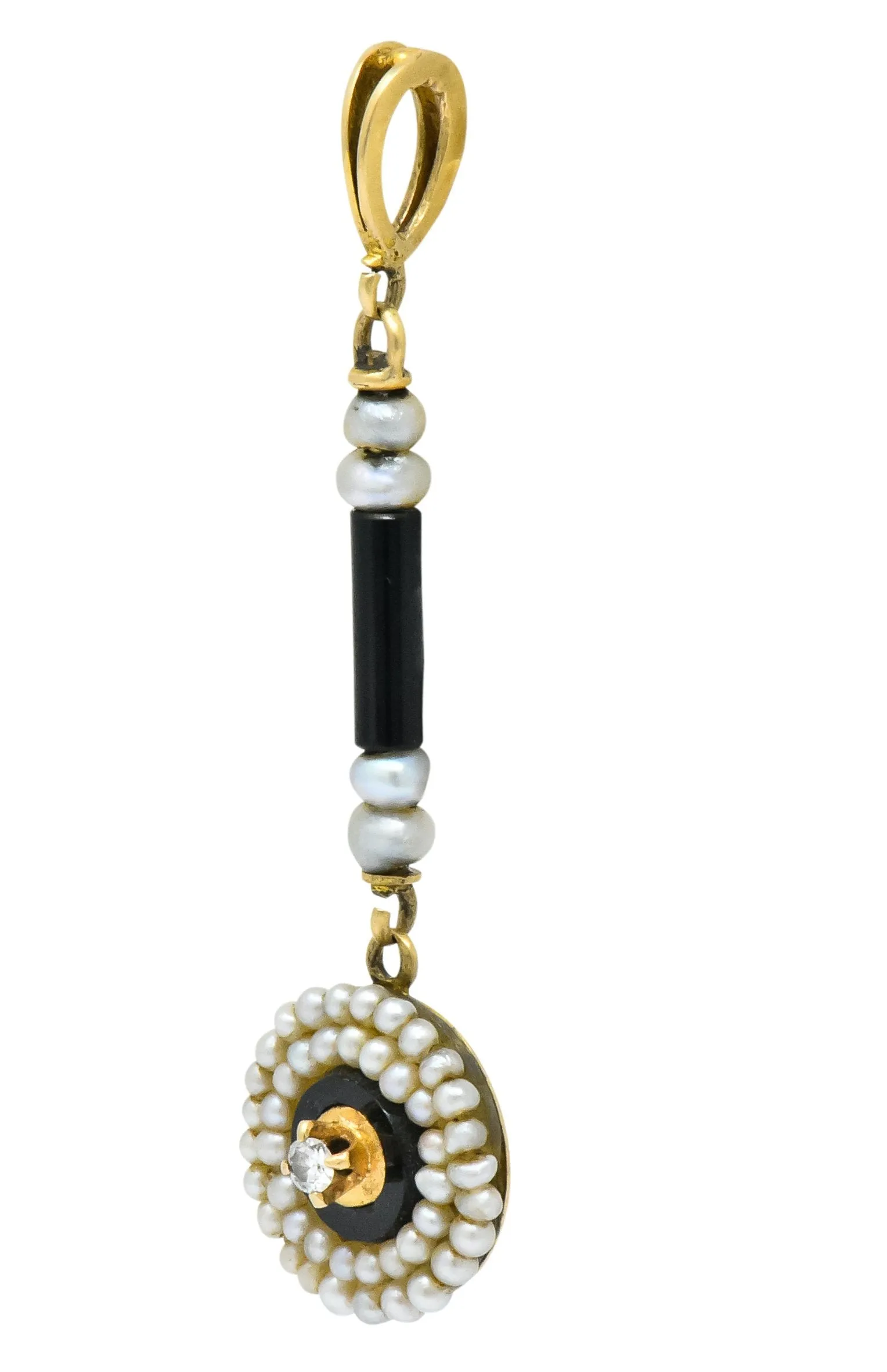 Victorian Diamond Seed Pearl Onyx 14 Karat Gold Drop Pendant