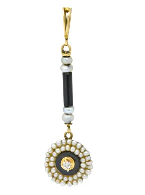 Victorian Diamond Seed Pearl Onyx 14 Karat Gold Drop Pendant