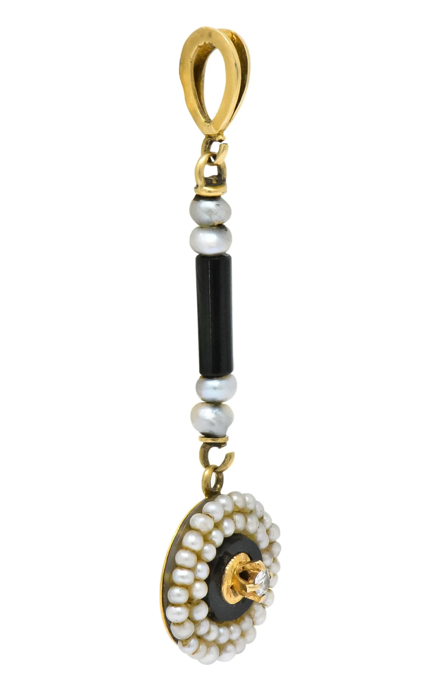 Victorian Diamond Seed Pearl Onyx 14 Karat Gold Drop Pendant