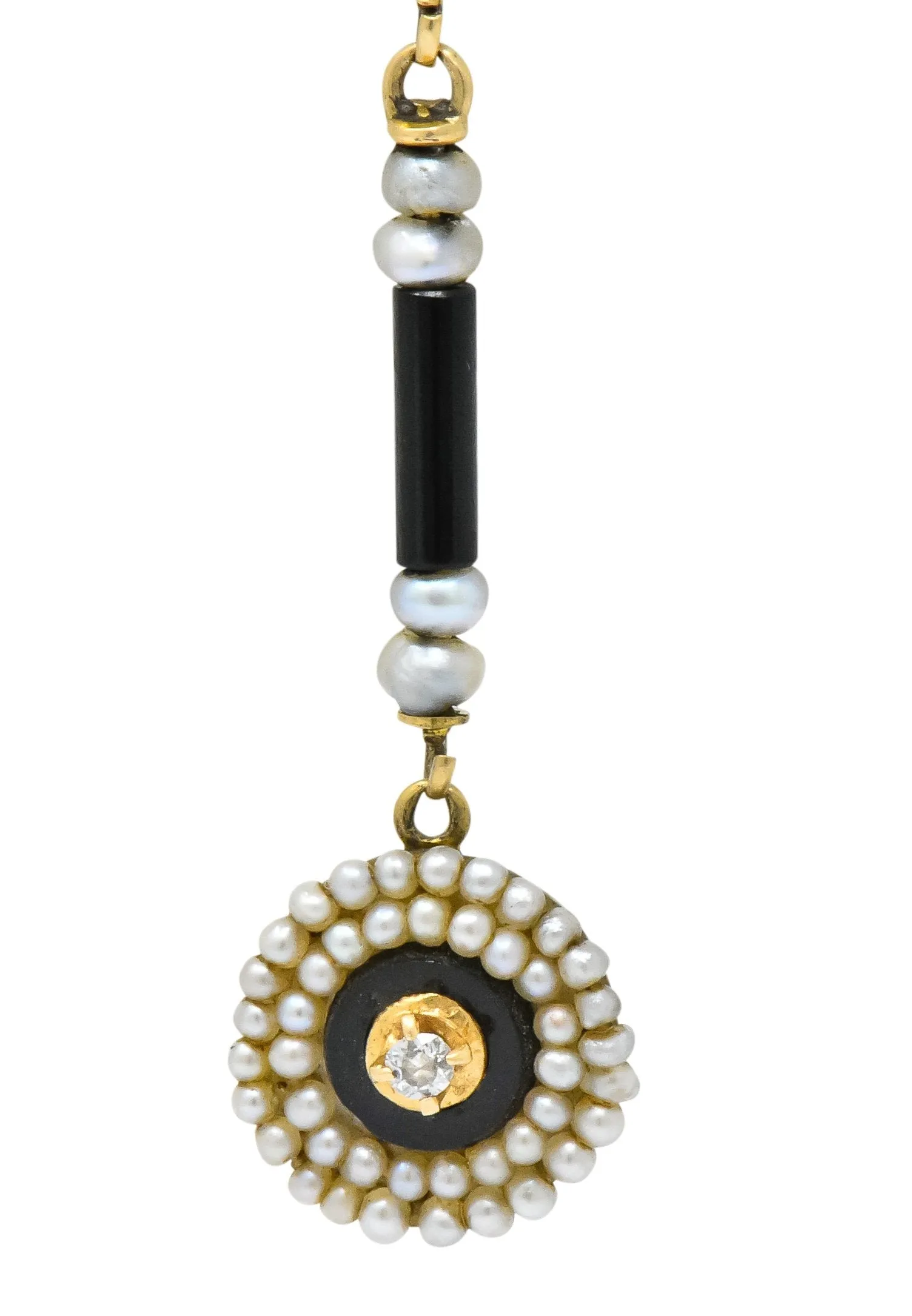 Victorian Diamond Seed Pearl Onyx 14 Karat Gold Drop Pendant