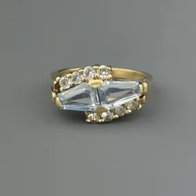 Vintage 10K Gold Blue and White Topaz Trapezoid Ring, Sz 5 1/4