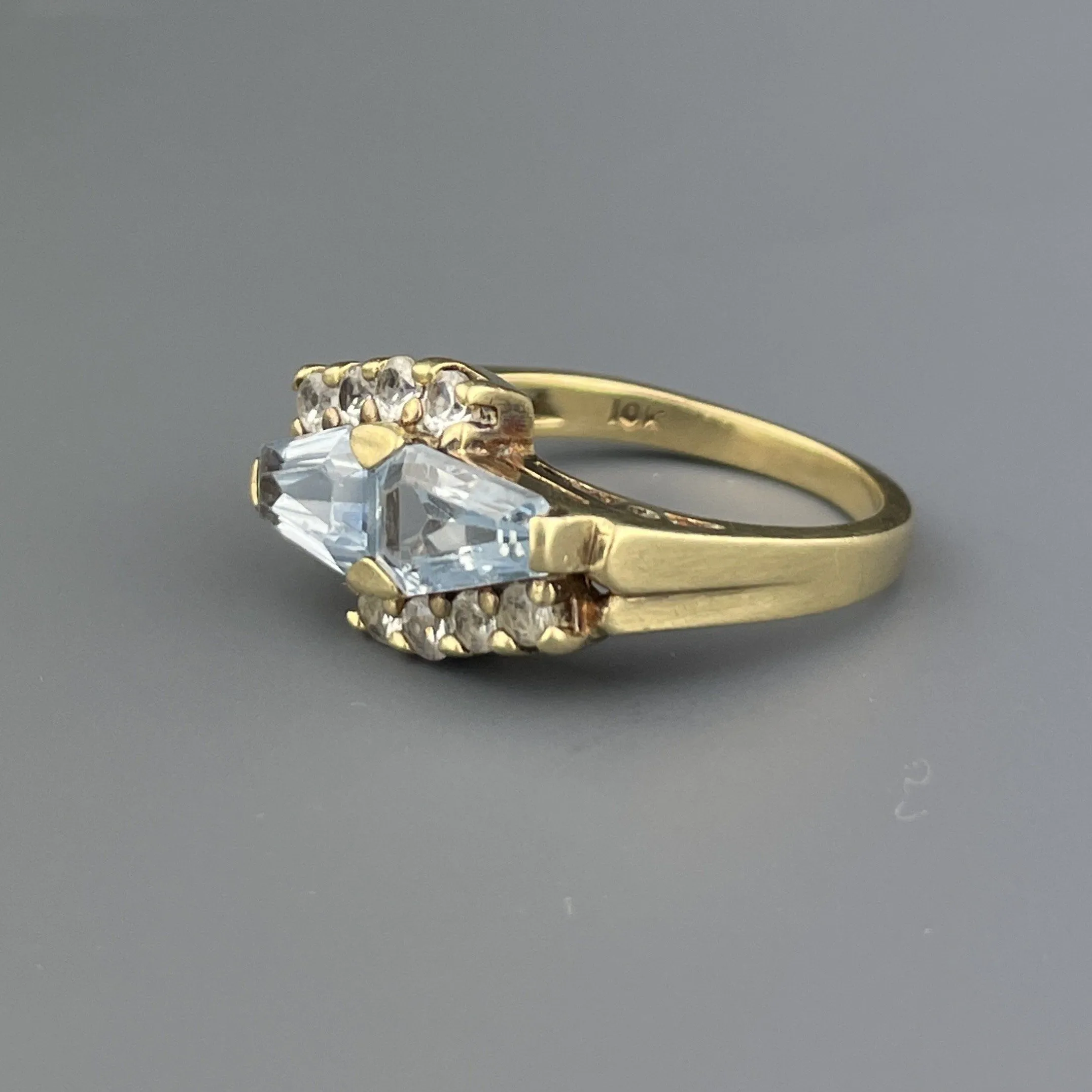 Vintage 10K Gold Blue and White Topaz Trapezoid Ring, Sz 5 1/4