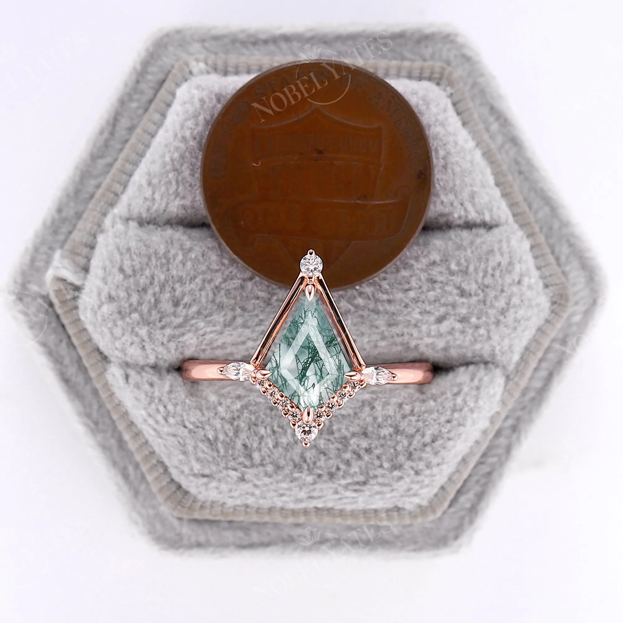 Vintage Moss Agate Kite Shape Engagement Ring Rose Gold