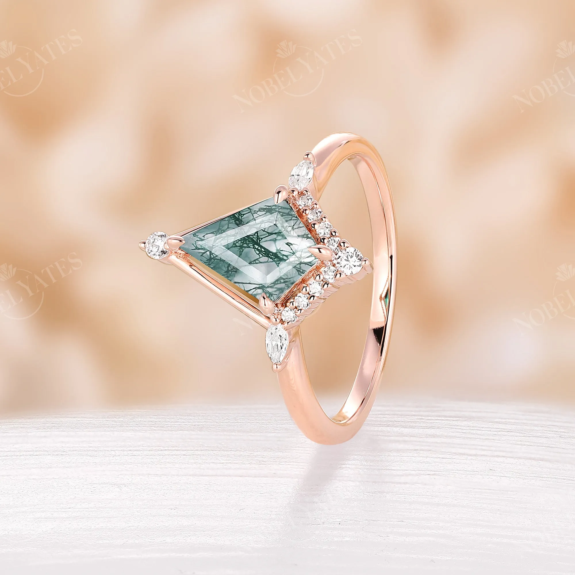 Vintage Moss Agate Kite Shape Engagement Ring Rose Gold